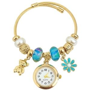 Designer Inspired Adjustable Watch Bangle Charm Bracelet Gold Filled|Bear Flower